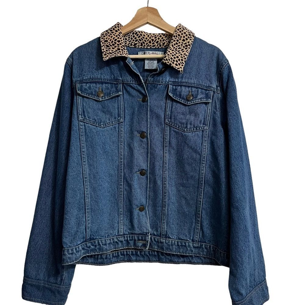 VTG 90s Tower Hill Sport Leopard Cheetah Print Patch Denim Jacket Women's Sz 14